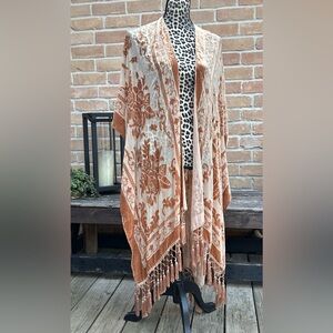 Free People Nightbird Velvet Burnout Kimono Duster Warm Sand One Size